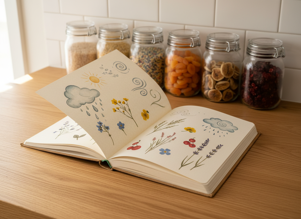 An open recipe journal with hand-drawn seasonal illustrations, pressed wildflowers, and glass jars of grains on a warm oak countertop.