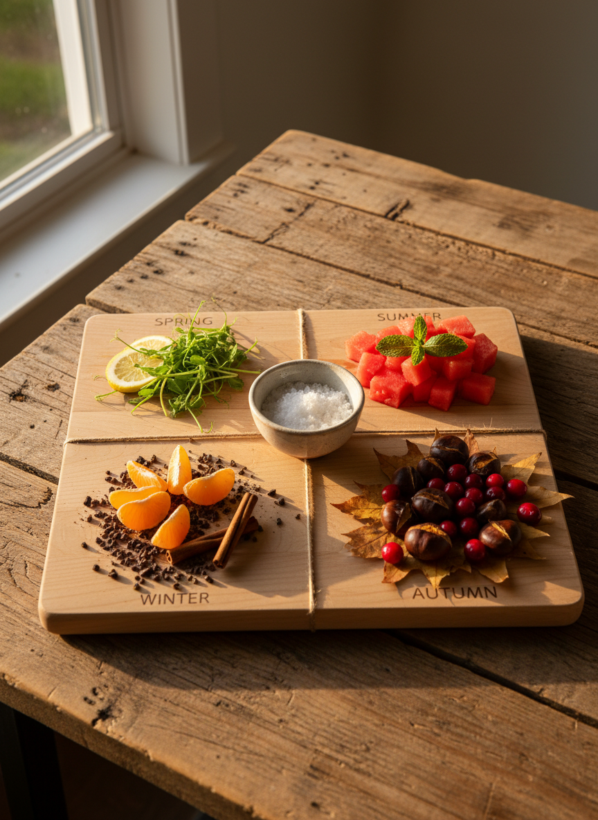 A birchwood cutting board divided into four seasonal quadrants with fruits and herbs, tied with delicate twine.
