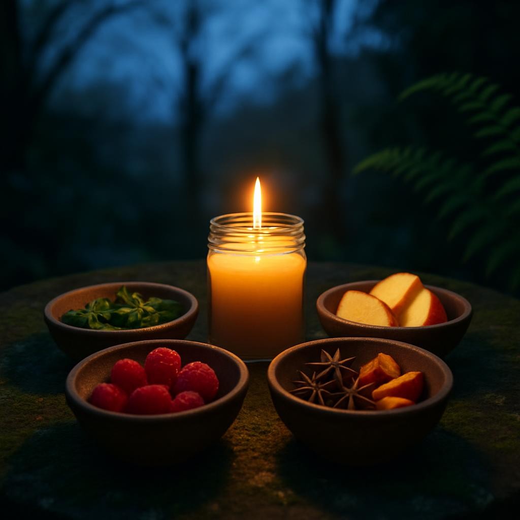 Four earthenware bowls arranged around a beeswax candle, each holding a seasonal ingredient — representing the emotional cycle of a full year.