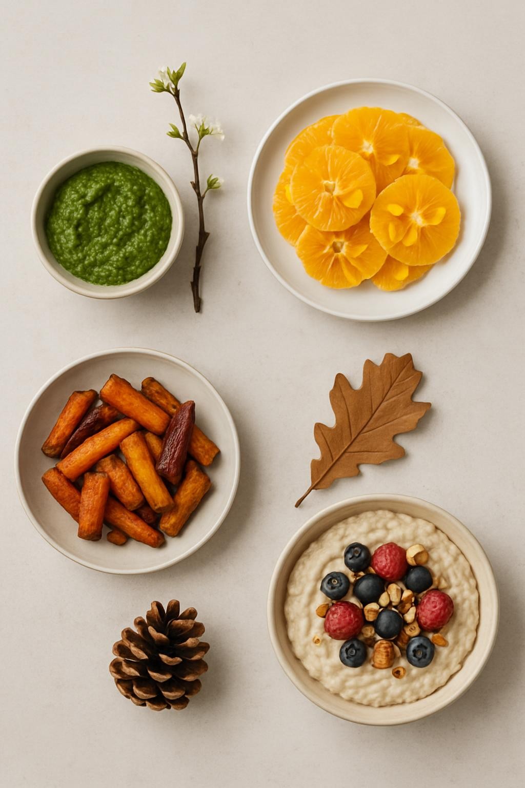 Four seasonal emotion recipes viewed from above on a stone countertop — spring pesto, summer citrus, autumn roots, winter porridge.