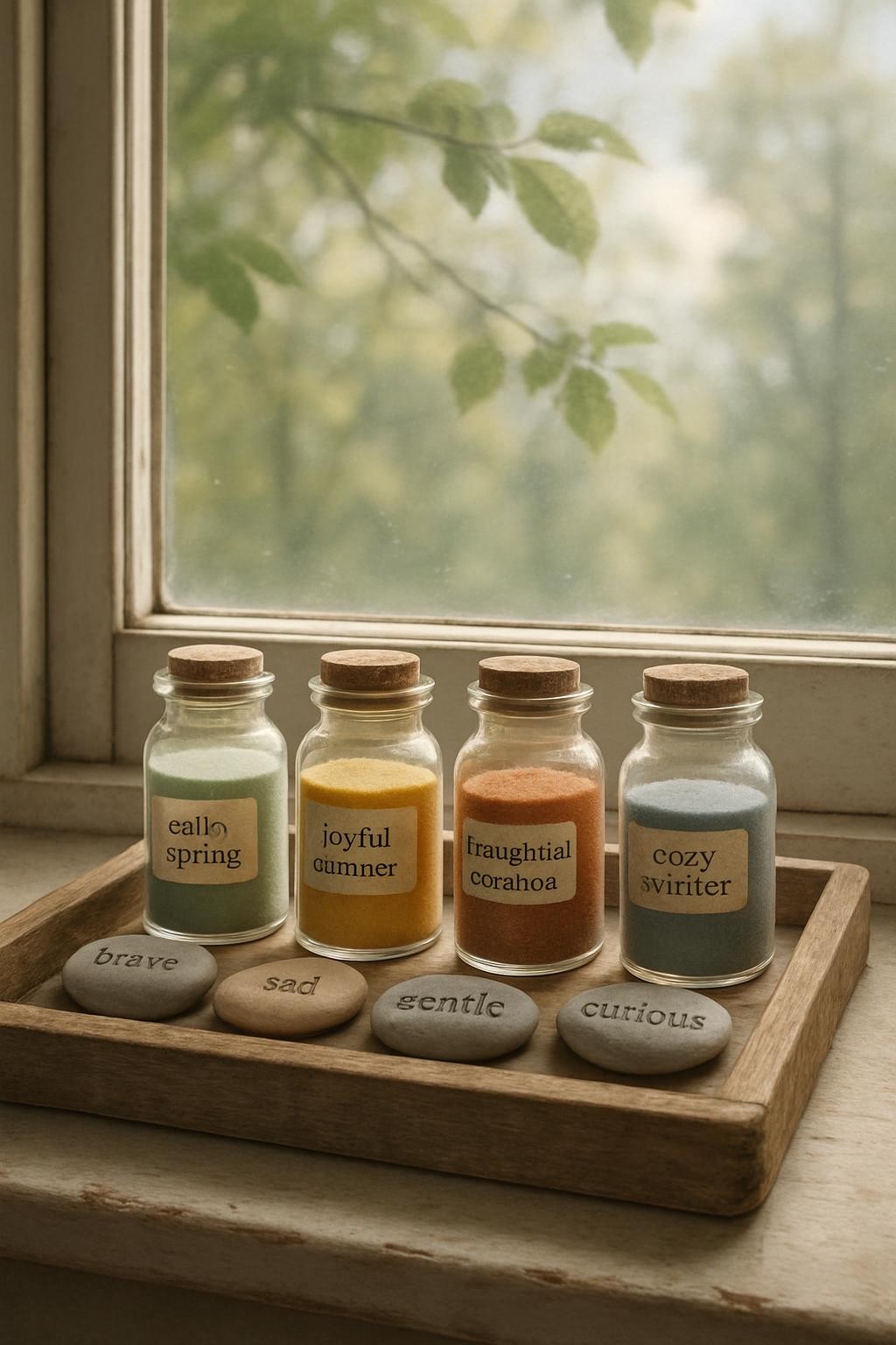 Four glass jars with emotion-themed seasonal sand and word stones on a windowsill with leafy branches outside.
